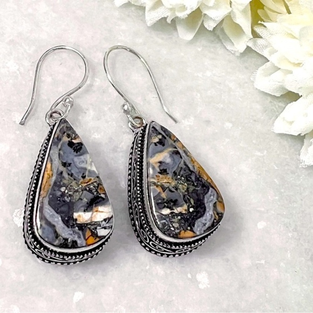 Maligano Jasper Sterling Silver Vintage Style Earrings Pear Cut 925 New